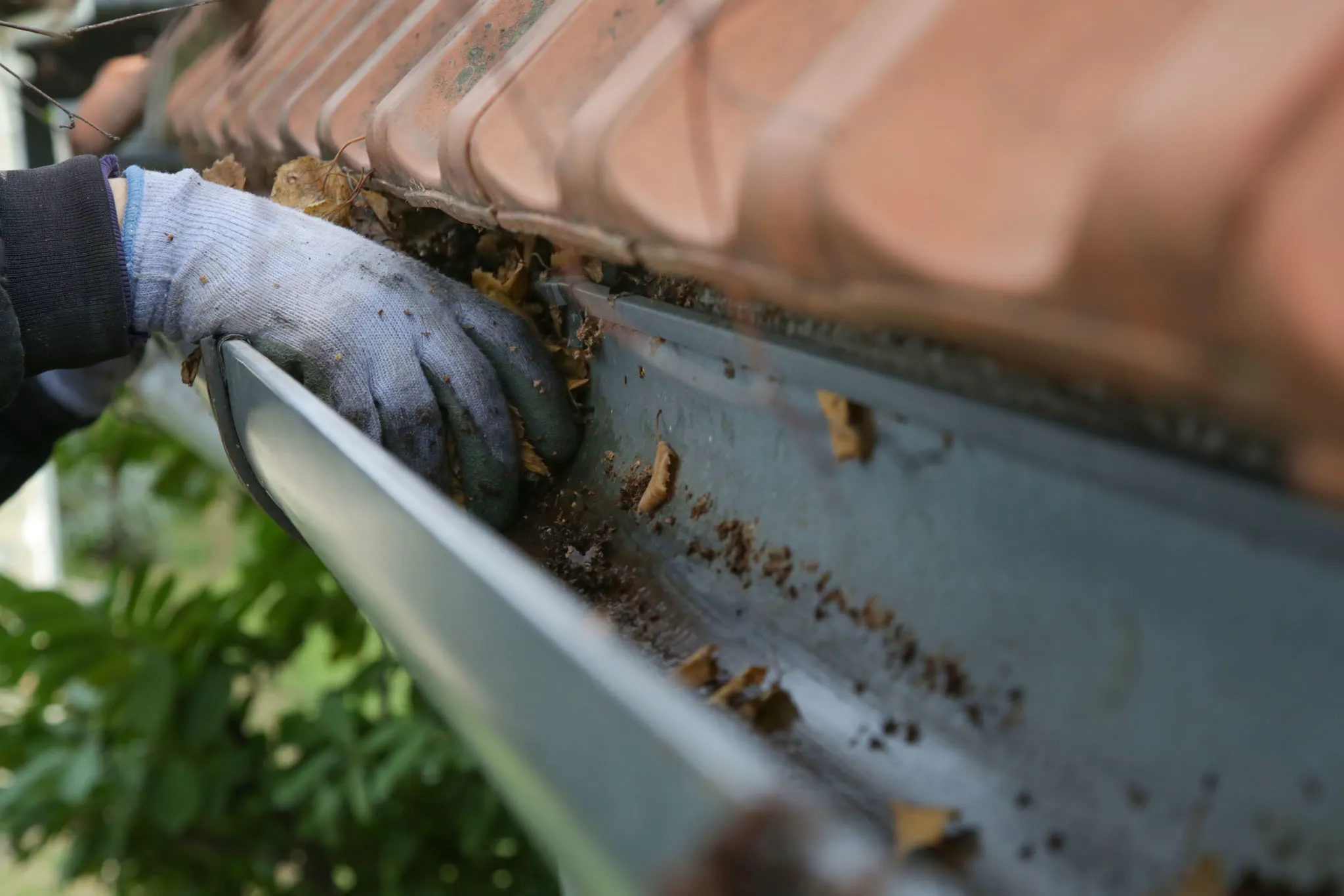 Contractor cleans gutters during seasonal home maintenance"
