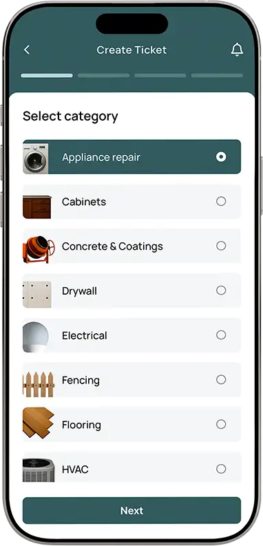 Homeowner photographs broken appliance and uploads repair request in KRU app