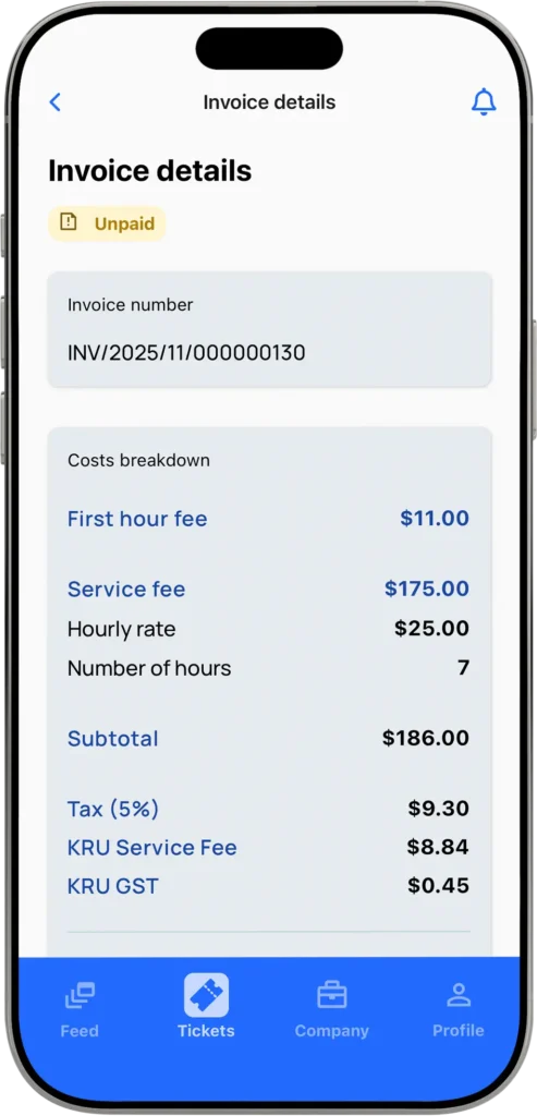 Contractor submits invoice through KRU app and receives secure payment